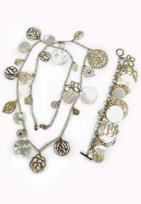 Mother of pearl & filigree charm necklace & bracelet